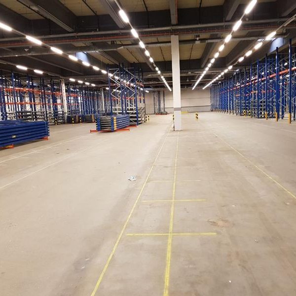 Leerer Lagerraum mit blauen Regalen und markierten Bodenlinien.